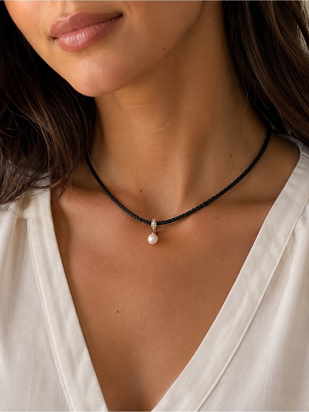 Pandora Black Braided Necklace with Pearl and Gold Accents